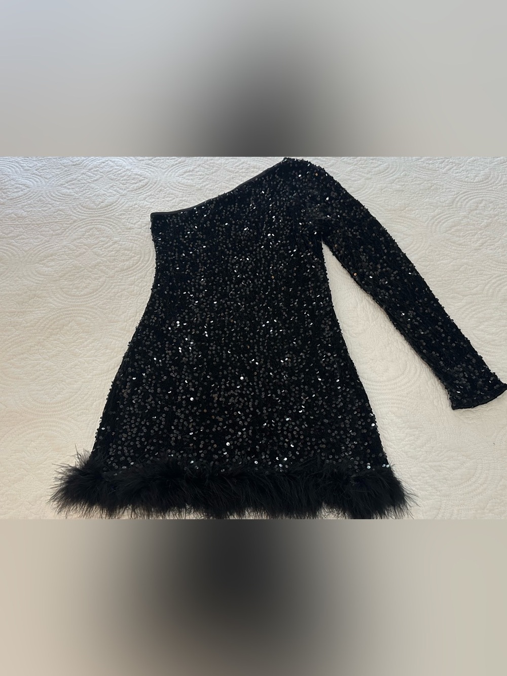Black Sequin One-Shoulder Dress with Feather Hem